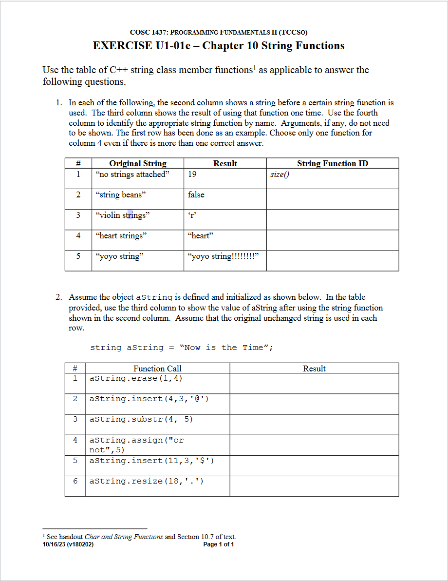 Solved Use the table of C++ string class member functions 1