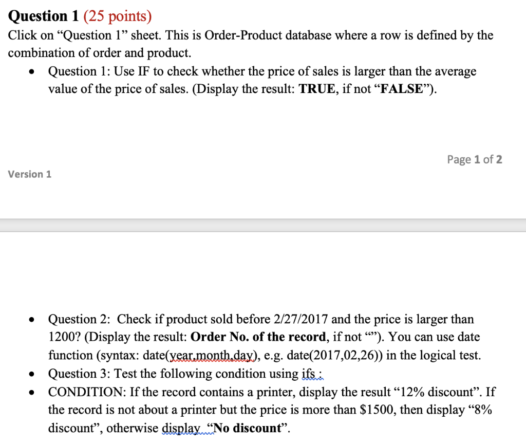 Solved Question 1 ( 25 points) Click on "Question 1" sheet. | Chegg.com