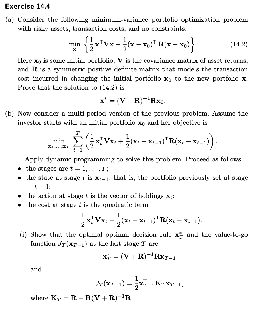 Portfolio Optimization Problem Solved Exercise 14.4(a) Consider the following | Chegg.com