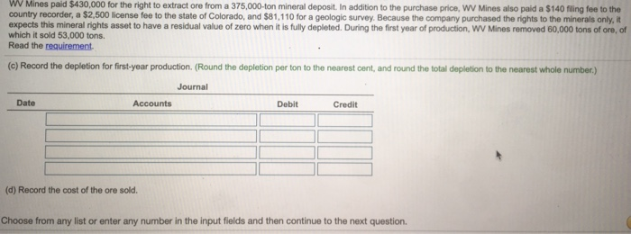 Solved WV Mines paid $430,000 for the right to extract ore | Chegg.com