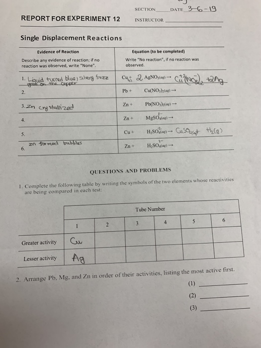 Solved SECTION DATE 3--19 REPORT FOR EXPERIMENT 12 | Chegg.com