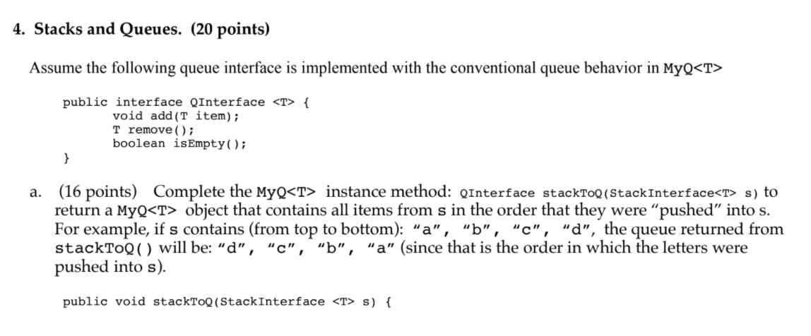 5. Stacks. (20 points) Assume the following stack | Chegg.com