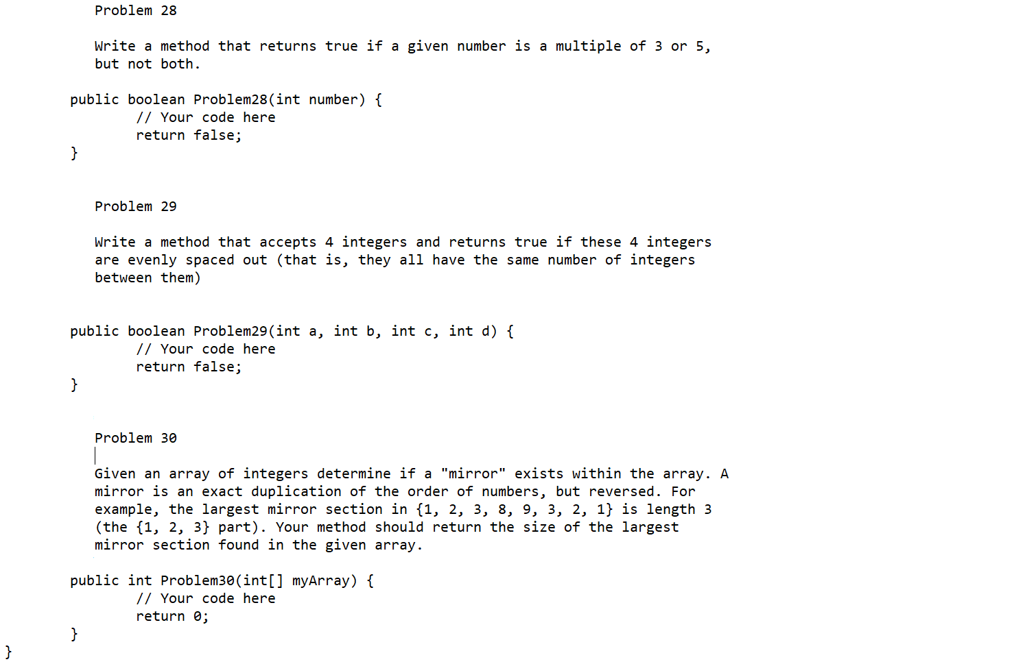 Solved } Problem 28 Write a method that returns true if a | Chegg.com