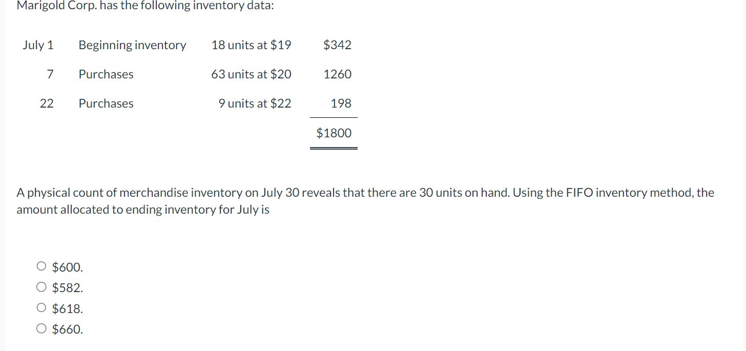 Solved Marigold Corp. has the following inventory data: A | Chegg.com