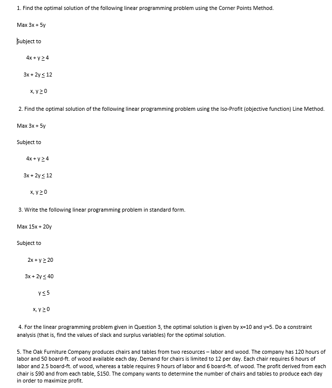 Solved 1. Find the optimal solution of the following linear | Chegg.com