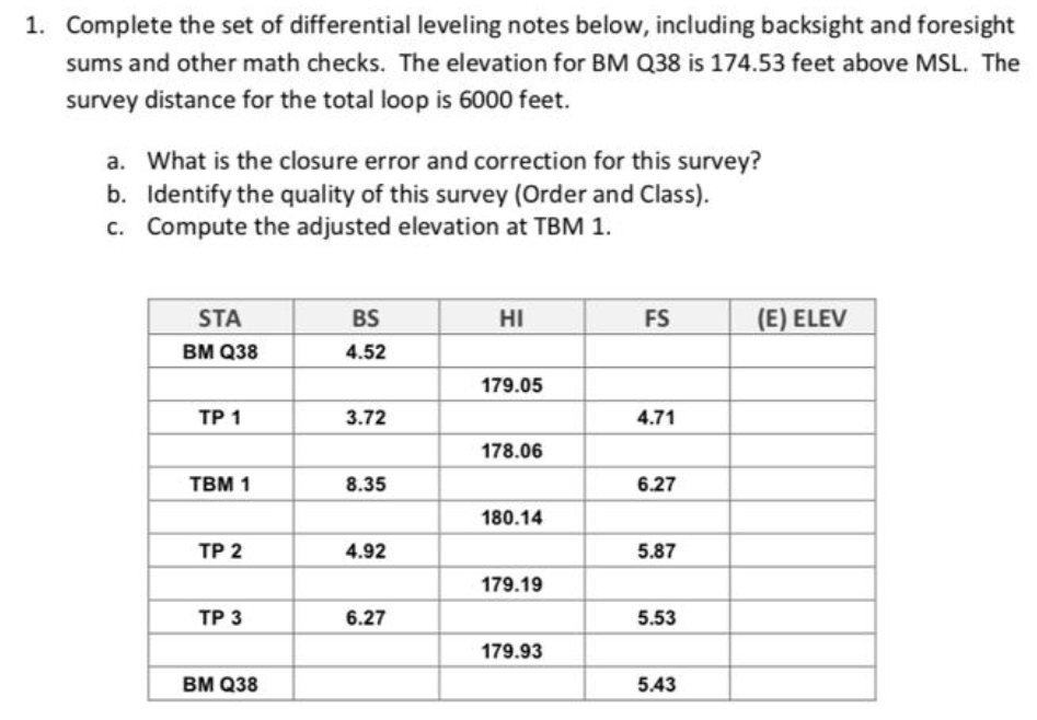 Solved 1. Complete the set of differential leveling notes
