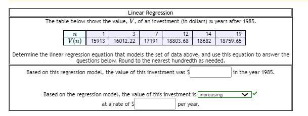 Solved Linear Regression The table below shows the value, V, | Chegg.com