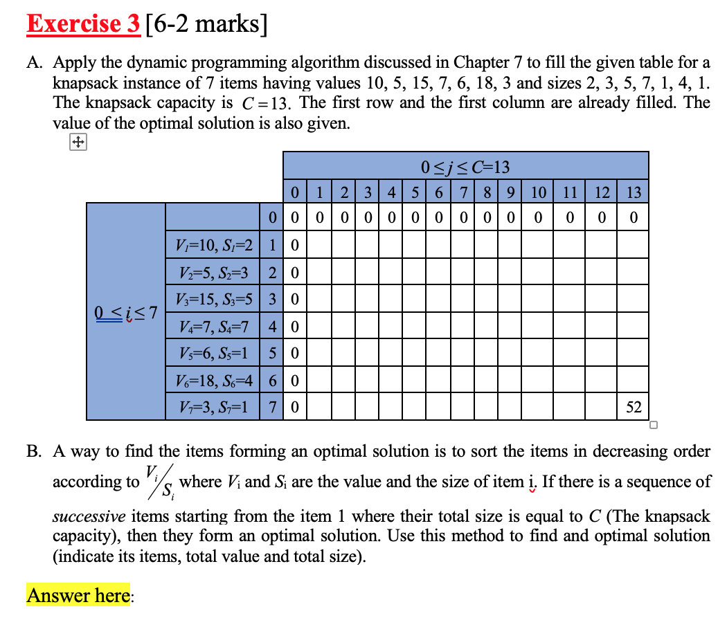 Solved Exercise 3 [6-2 marks] A. Apply the dynamic | Chegg.com