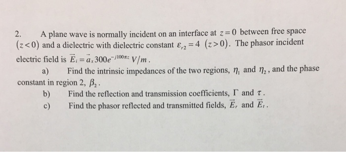 Solved 2. A plane wave is normally incident on an interface | Chegg.com