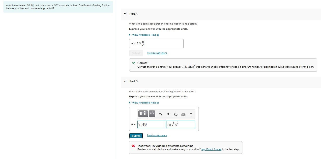 Solved A rubber-wheeled 50 kg cart rolls down a 50° concrete | Chegg.com