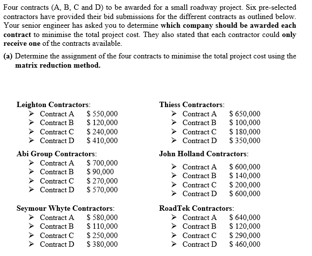 Solved Four contracts (A, B, C and D) to be awarded for a | Chegg.com