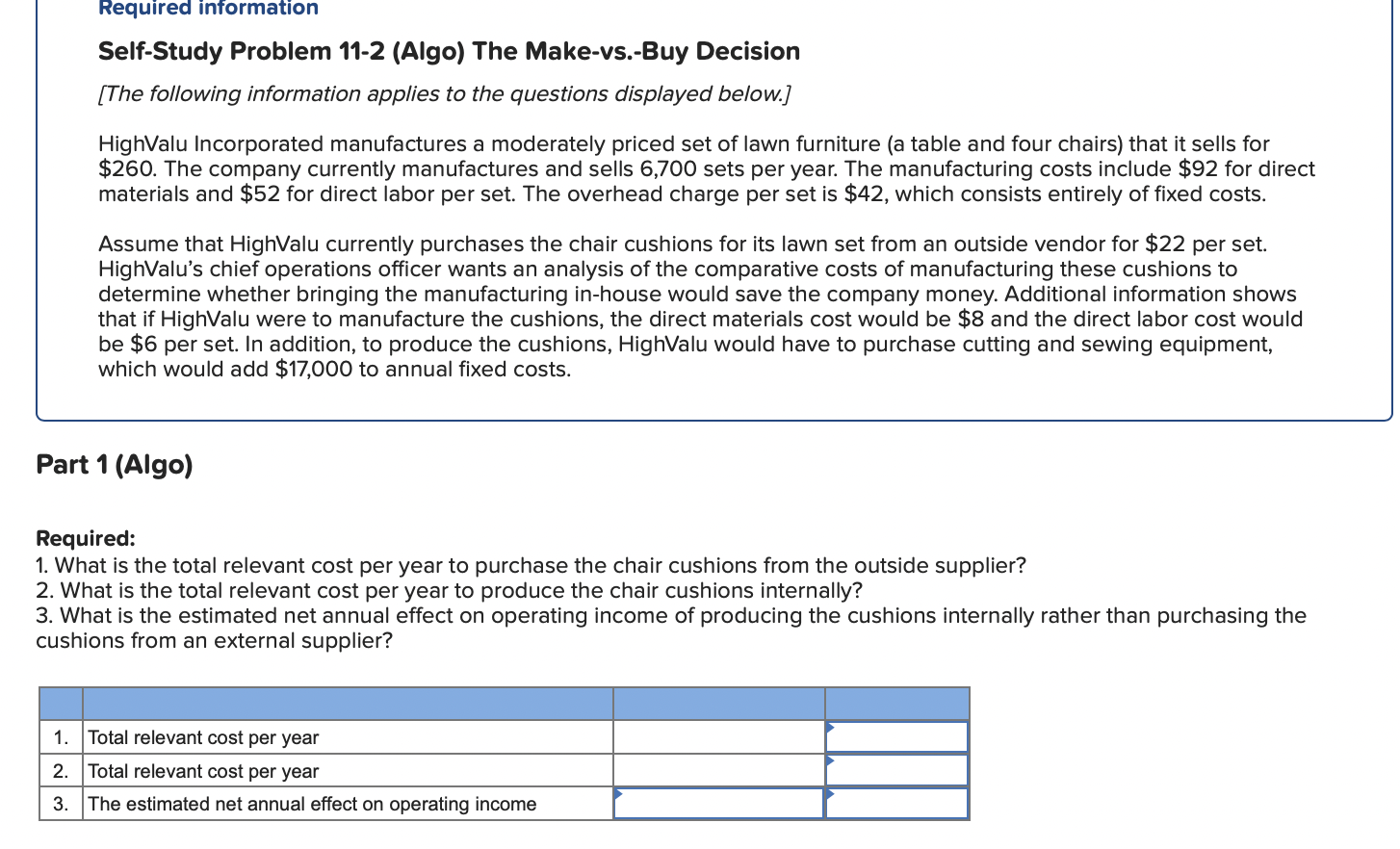 Solved Required information Self-Study Problem 11-2 (Algo) | Chegg.com