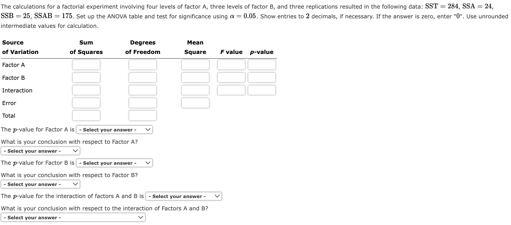 Solved The calculations for a factorial experiment involving | Chegg.com