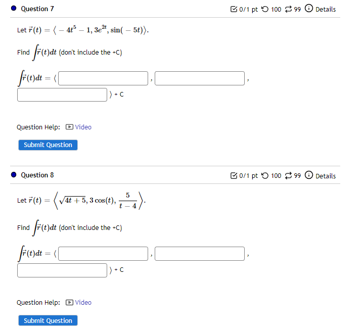 Solved Let R T −4t5−1 3e2t Sin −5t Find ∫r T Dt Dont