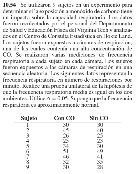 10.54 Se utilizaron 9 sujetos en un experimento para determinar si la exposición a monóxido de carbono tiene un impacto sobre