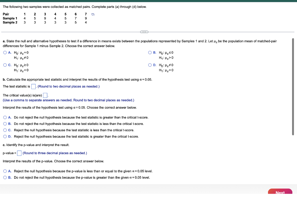 Solved The following two samples were collected as matched | Chegg.com