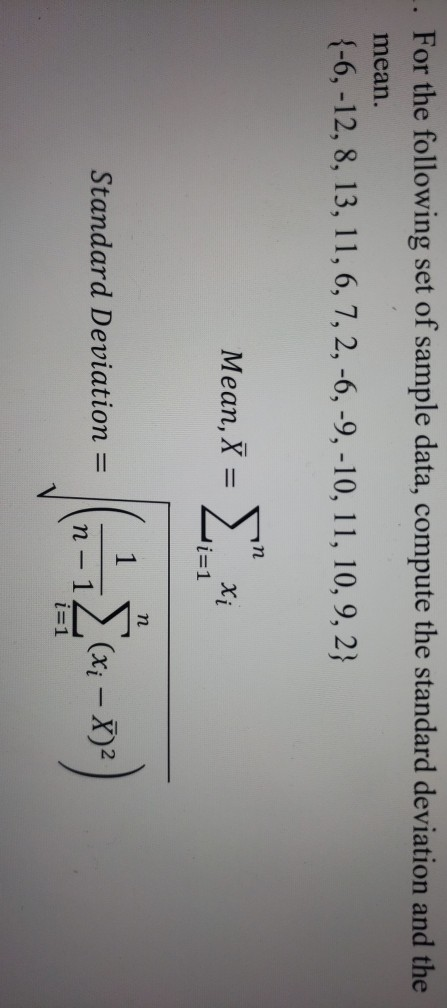 Solved . For the following set of sample data, compute the | Chegg.com