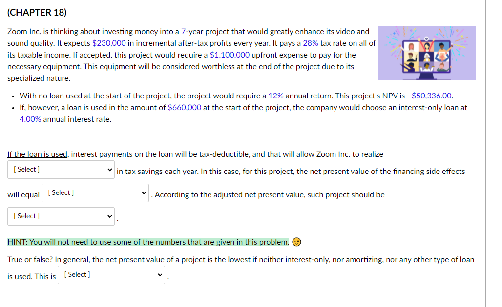 Solved (CHAPTER 18) Zoom Inc. is thinking about investing | Chegg.com