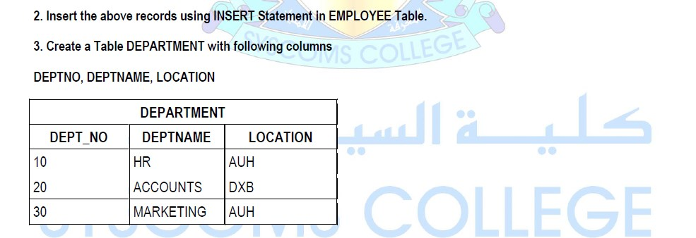 Solved 1. Create a Table EMPLOYEE with following columns | Chegg.com