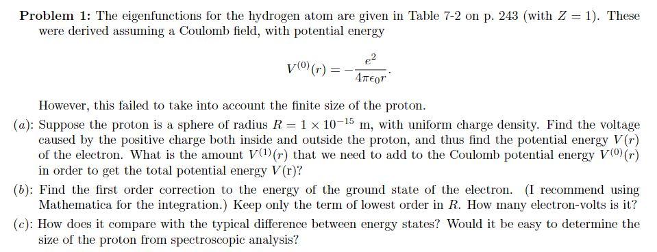 Solved Problem 1: The eigenfunctions for the hydrogen atom | Chegg.com