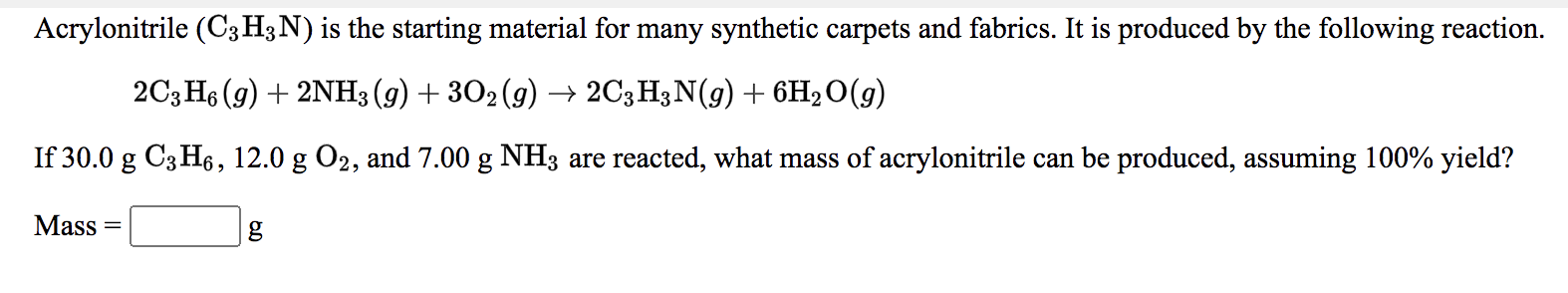 Solved Acrylonitrile (C3H3N) is the starting material for | Chegg.com