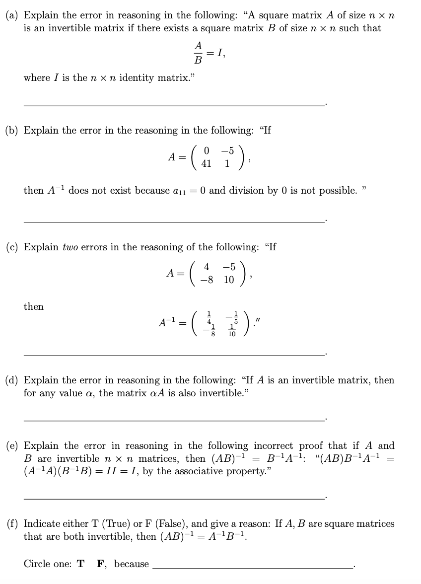 Solved (a) Explain the error in reasoning in the following: | Chegg.com