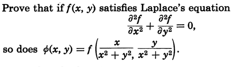 Prove that if \( f(x, y) \) satisfies Laplaces equation \[ \frac{\partial^{2} f}{\partial x^{2}}+\frac{\partial^{2} f}{\part