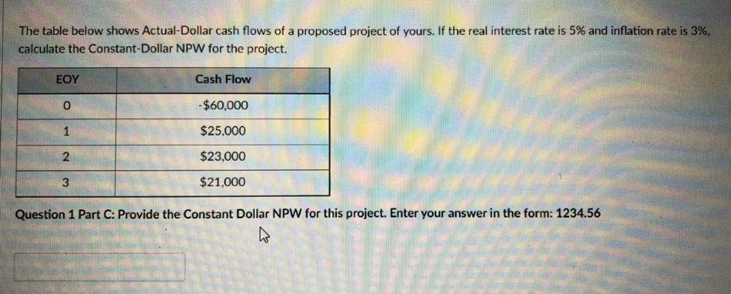 Solved The table below shows Actual-Dollar cash flows of a | Chegg.com