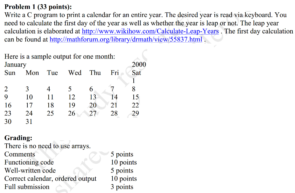 Solved Problem 1 (33 points): Write a C program to print a | Chegg.com