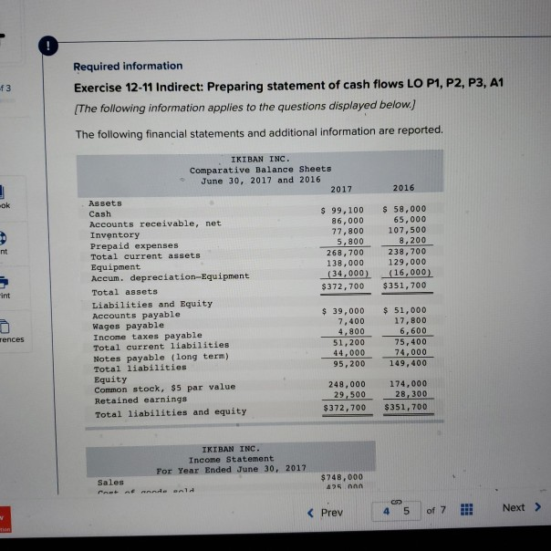 Solved Exercise 12 11 Indirect Preparing Statement Of Cash 8382