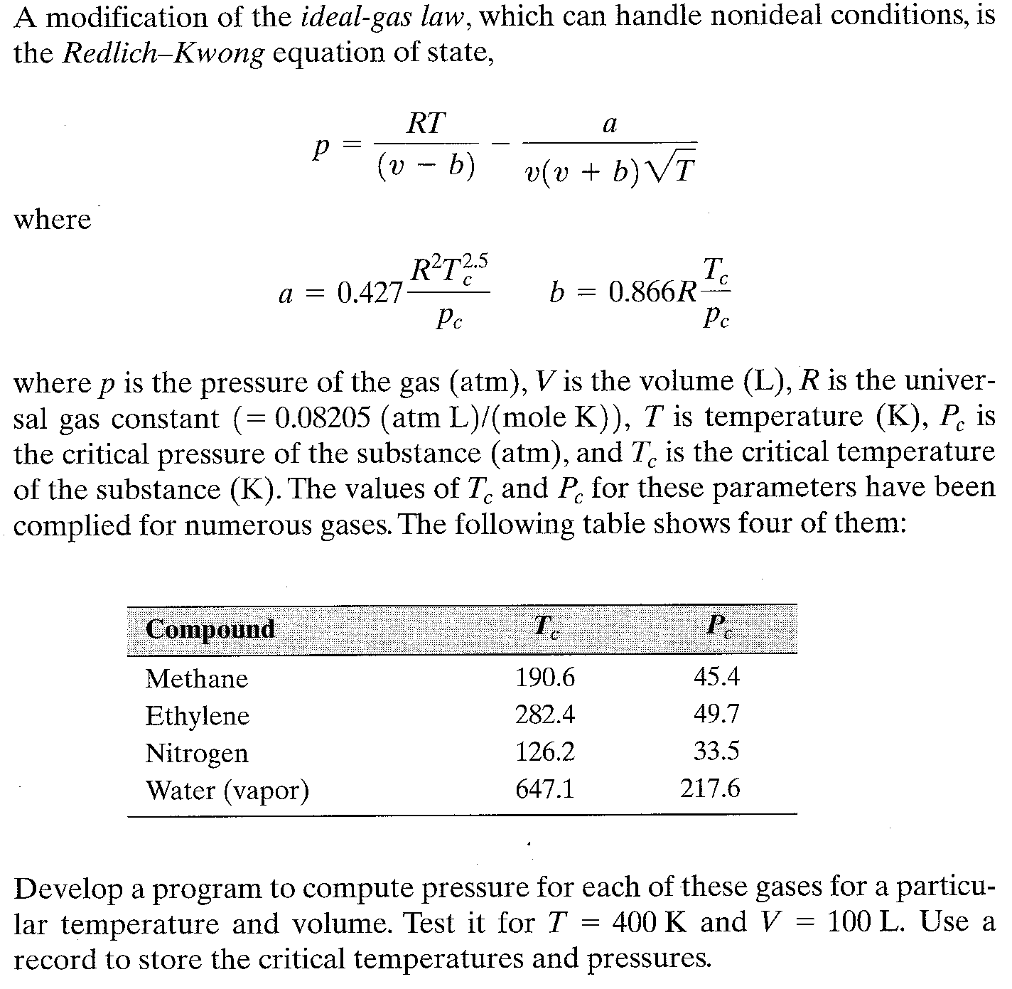Solved A modification of the idealgas law, which can handle
