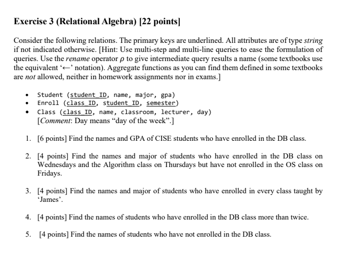 Solved Exercise 3 (Relational Algebra) (22 Points] Consider | Chegg.com