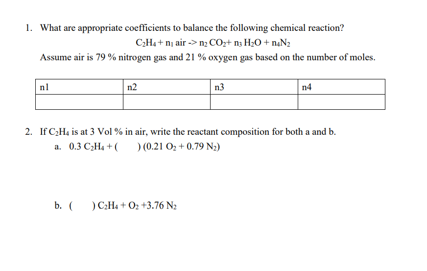 Solved C2H4 n1 air n2CO2 n3H2O n4 N2 Assume air is 79 Chegg