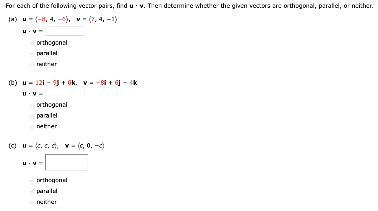 Solved For each of the following vector pairs, find u · v. | Chegg.com