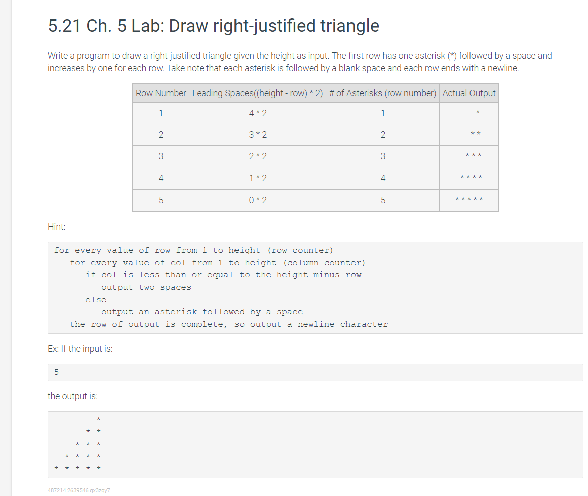 Solved 5.21 Ch. 5 Lab: Draw right-justified triangle Write a | Chegg.com
