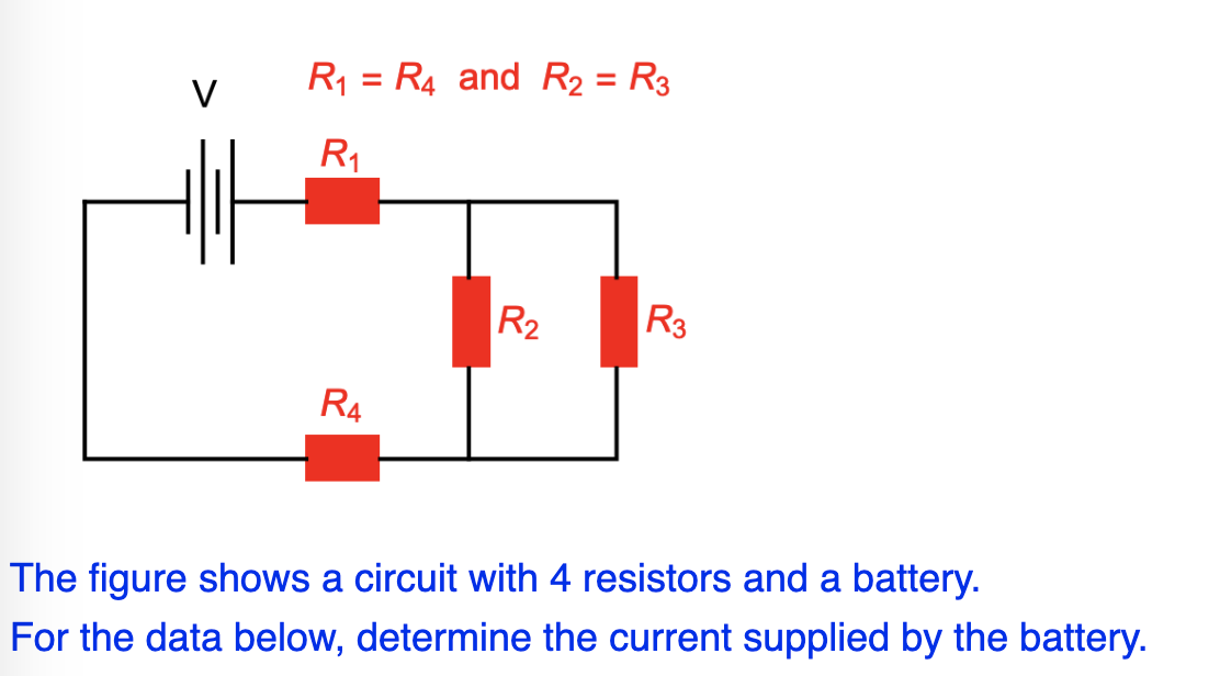 Solved R1 = R4 = 19 Ohm , R2 = R3 = 37 Omh, V = 14 Volts 