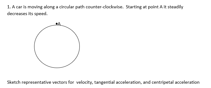 1. A car is moving along a circular path counter-clockwise. Starting at point A it steadily decreases its speed.
Sketch repre