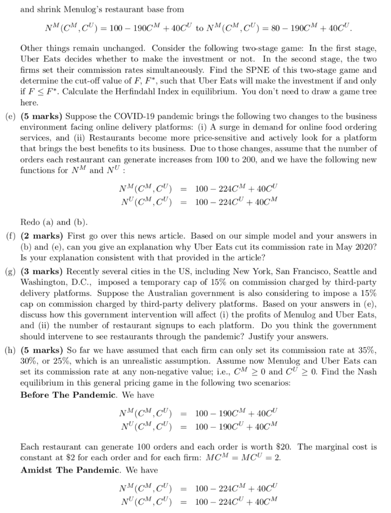 2. (30 Marks) Price Competition: Uber Eats vs Menulog  Chegg.com