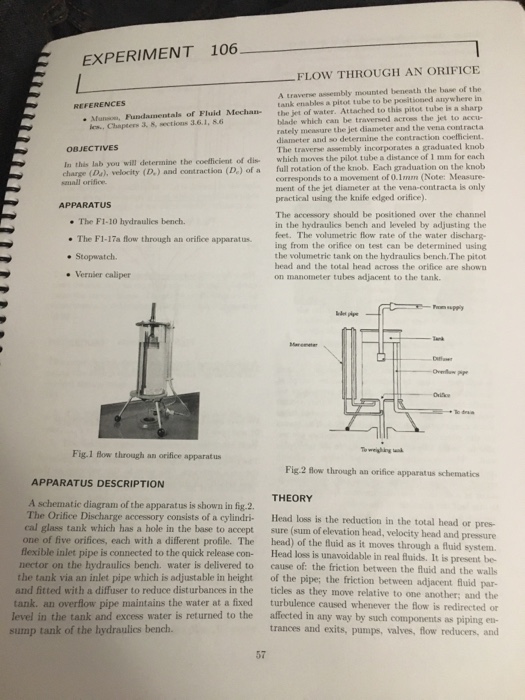 Solved EXPERIMENT 106 FLOW THROUGH AN ORIFICE traverne