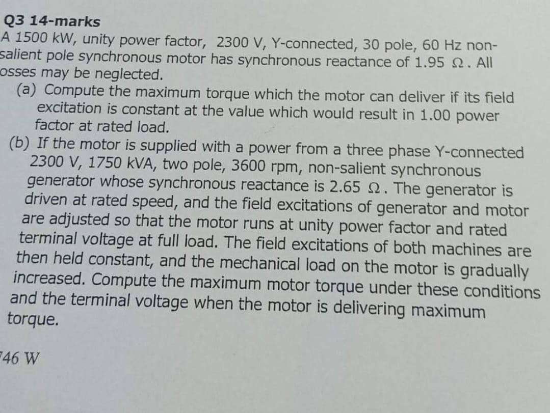 Solved A 1500 kW, unity power factor, 2300 V, Y-connected, | Chegg.com