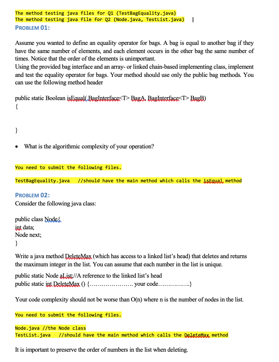 Solved The method testing java files for Q1 (TestBag | Chegg.com