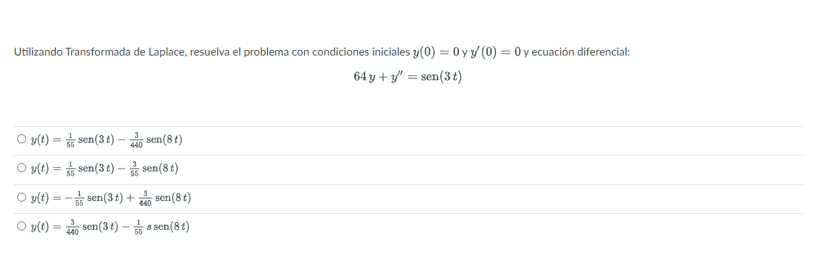 Utilizando Transformada de Laplace, resuelva el problema con condiciones iniciales \( y(0)=0 \) y \( y^{\prime}(0)=0 \) y ecu