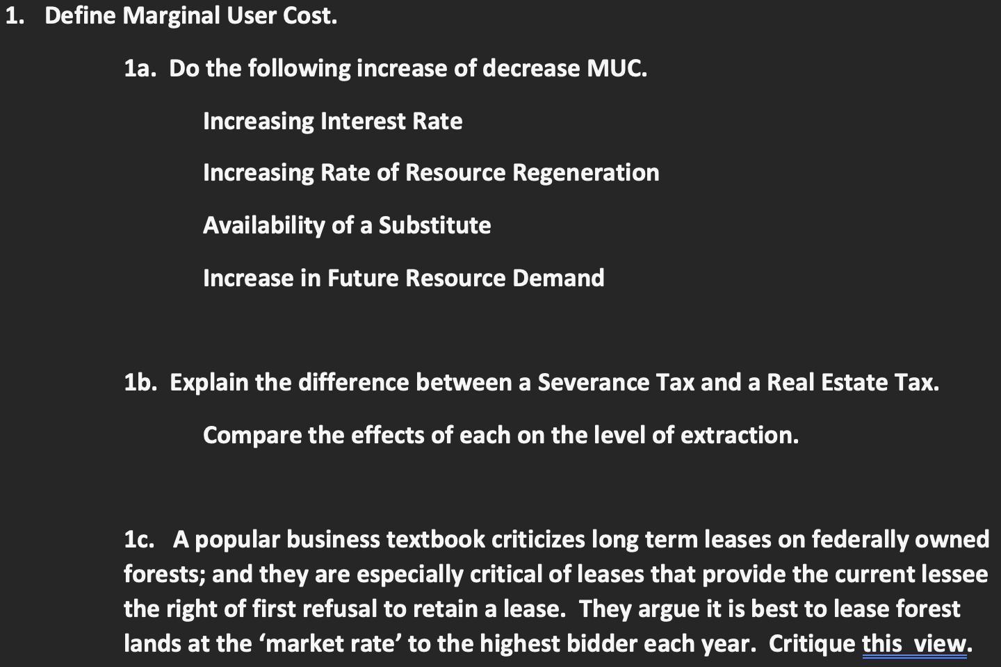 Solved 1. Define Marginal User Cost. 1a. Do the following | Chegg.com