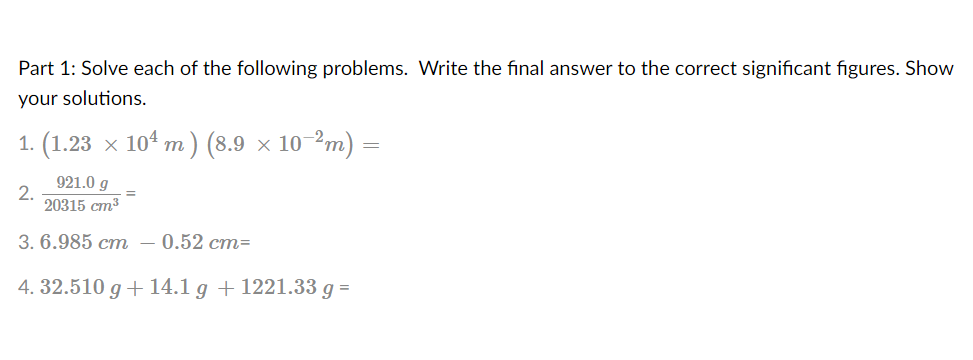 Solved Part 1: Solve Each Of The Following Problems. Write | Chegg.com