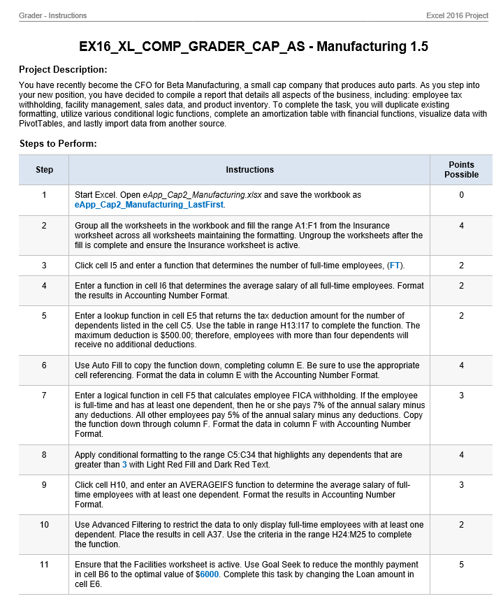 Grader Instructions Excel 2016 Project Ex16 Xl Comp Grader Cap Manufacturing 15 Project De Grader Instructions Excel 2016 Project Ex16 Xl Comp Grader Cap Manufacturing 15 Project De