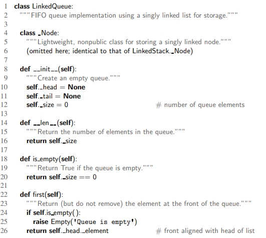 Solved 1 class LinkedQueue: 11 2 """FIFO queue | Chegg.com image.