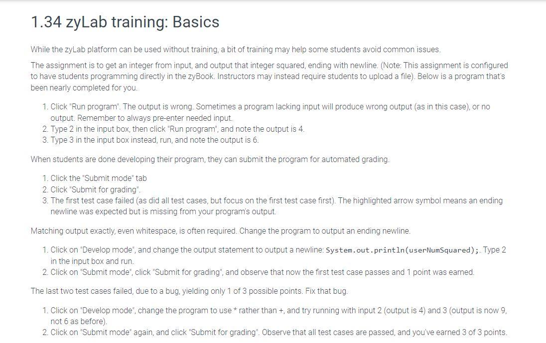 Solved 1.34 zyLab training: Basics While the zyLab platform | Chegg.com