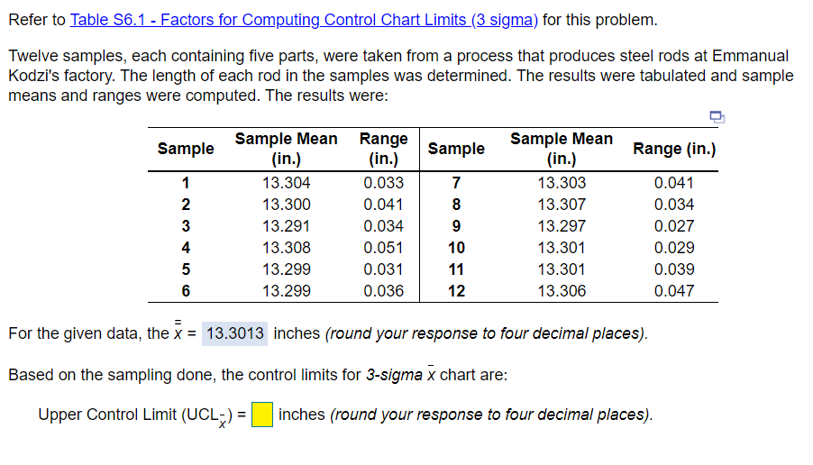 Solved Refer to Table S6.1 - Factors for Computing Control | Chegg.com