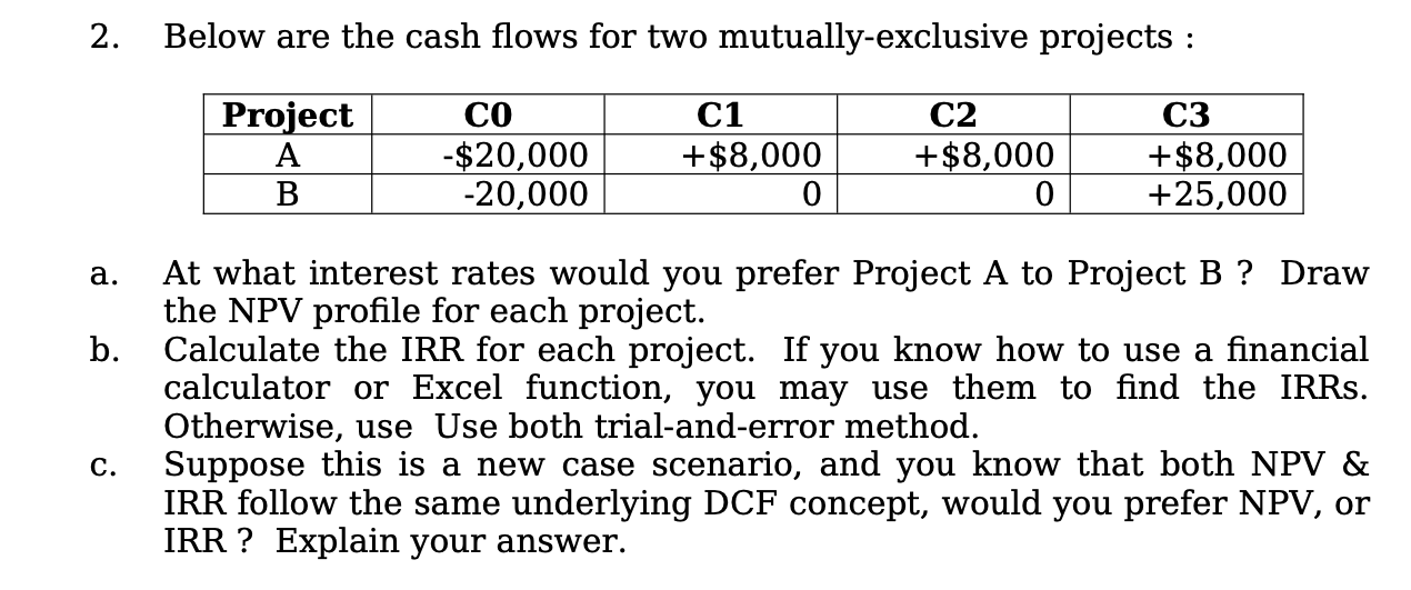 Solved 2. Below are the cash flows for two | Chegg.com
