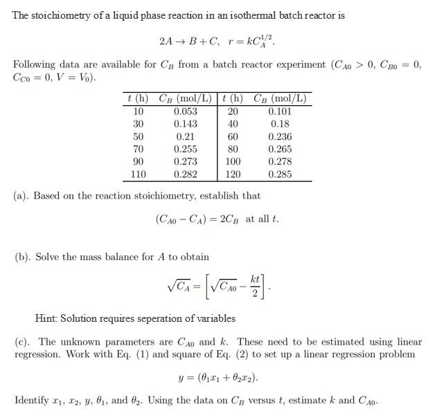 Solved a The stoichiometry of a liquid phase reaction in an | Chegg.com